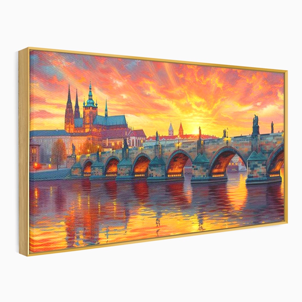 Tablou Canvas Premium, LuxCanva® O1001, Praga in Flacarile Cerului, Pod, Apus, Carol, Reflexii, Aur, Magie, Oras, Rau, Catedrala, Romantism, Medieval, City, Splendoare, Birou, Living, Dormitor