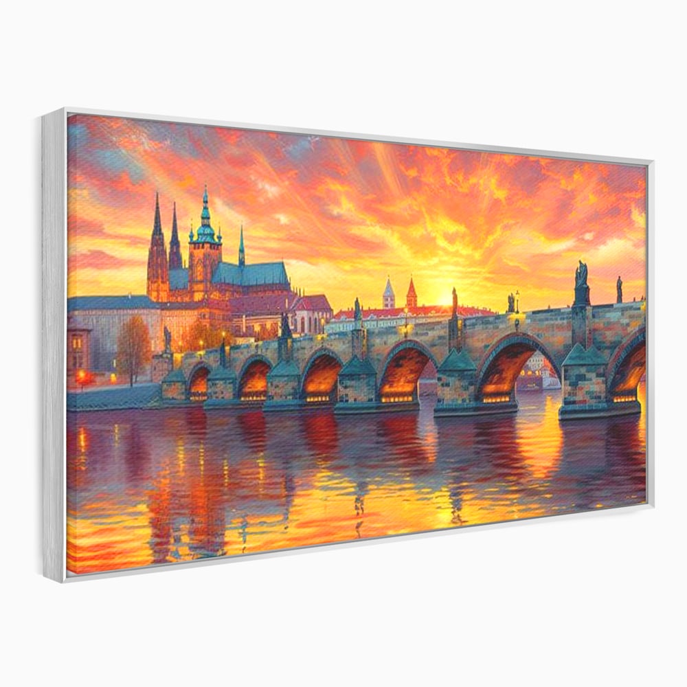 Tablou Canvas Premium, LuxCanva® O1001, Praga in Flacarile Cerului, Pod, Apus, Carol, Reflexii, Aur, Magie, Oras, Rau, Catedrala, Romantism, Medieval, City, Splendoare, Birou, Living, Dormitor