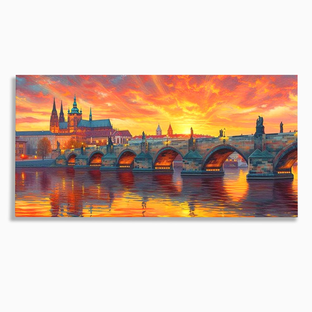 Tablou Canvas Premium, LuxCanva® O1001, Praga in Flacarile Cerului, Pod, Apus, Carol, Reflexii, Aur, Magie, Oras, Rau, Catedrala, Romantism, Medieval, City, Splendoare, Birou, Living, Dormitor