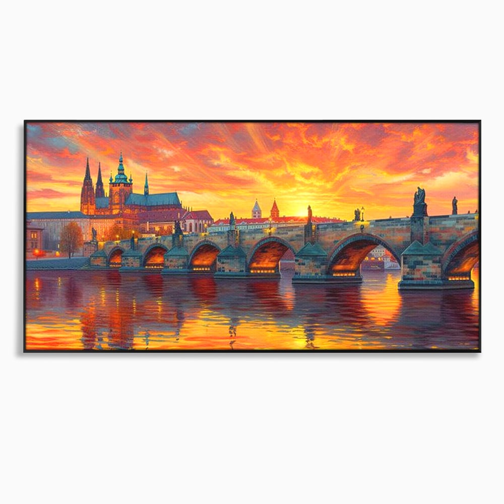 Tablou Canvas Premium, LuxCanva® O1001, Praga in Flacarile Cerului, Pod, Apus, Carol, Reflexii, Aur, Magie, Oras, Rau, Catedrala, Romantism, Medieval, City, Splendoare, Birou, Living, Dormitor