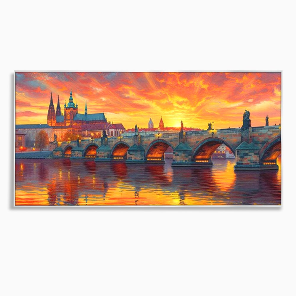 Tablou Canvas Premium, LuxCanva® O1001, Praga in Flacarile Cerului, Pod, Apus, Carol, Reflexii, Aur, Magie, Oras, Rau, Catedrala, Romantism, Medieval, City, Splendoare, Birou, Living, Dormitor