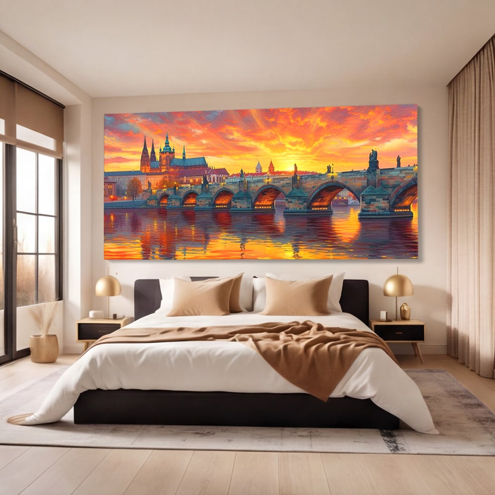 Tablou Canvas Premium, LuxCanva® O1001, Praga in Flacarile Cerului, Pod, Apus, Carol, Reflexii, Aur, Magie, Oras, Rau, Catedrala, Romantism, Medieval, City, Splendoare, Birou, Living, Dormitor