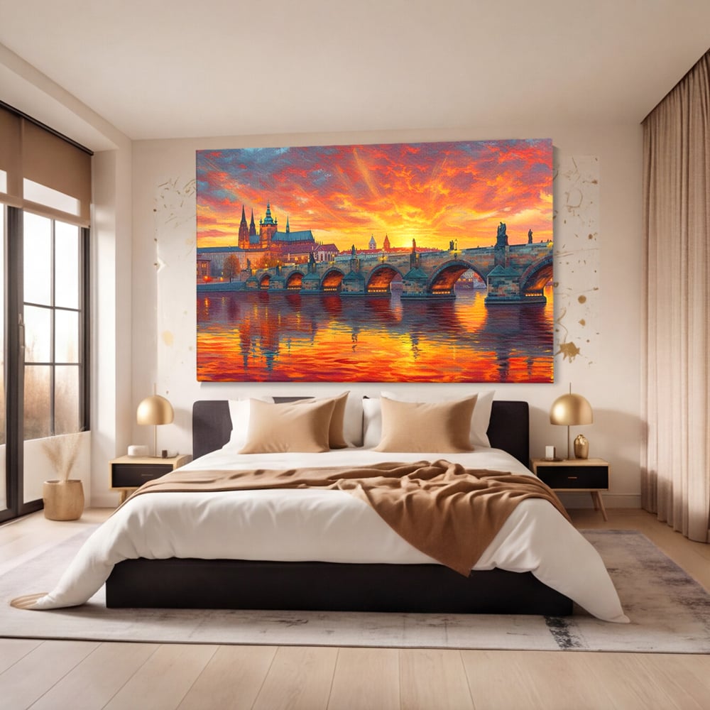 Tablou Canvas Premium, LuxCanva® O1001, Praga in Flacarile Cerului, Pod, Apus, Carol, Reflexii, Aur, Magie, Oras, Rau, Catedrala, Romantism, Medieval, City, Splendoare, Birou, Living, Dormitor