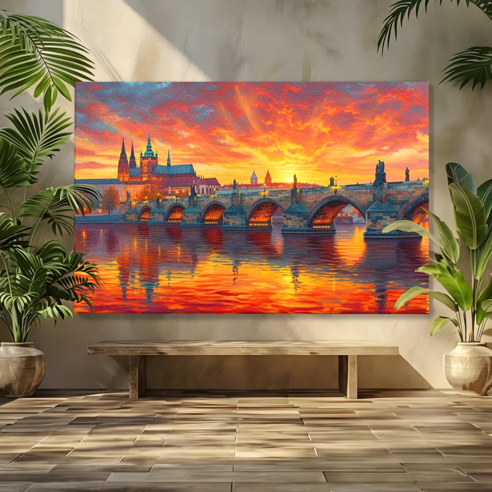 Tablou Canvas Premium, LuxCanva® O1001, Praga in Flacarile Cerului, Pod, Apus, Carol, Reflexii, Aur, Magie, Oras, Rau, Catedrala, Romantism, Medieval, City, Splendoare, Birou, Living, Dormitor