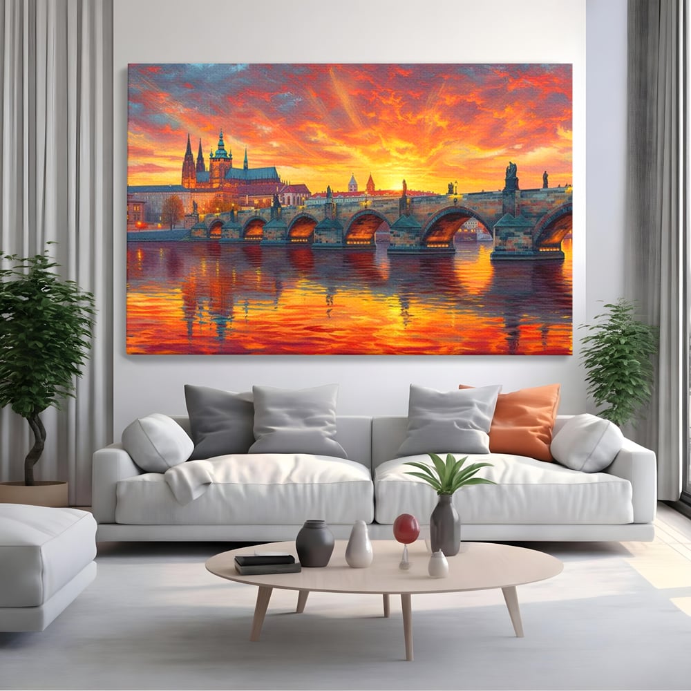 Tablou Canvas Premium, LuxCanva® O1001, Praga in Flacarile Cerului, Pod, Apus, Carol, Reflexii, Aur, Magie, Oras, Rau, Catedrala, Romantism, Medieval, City, Splendoare, Birou, Living, Dormitor