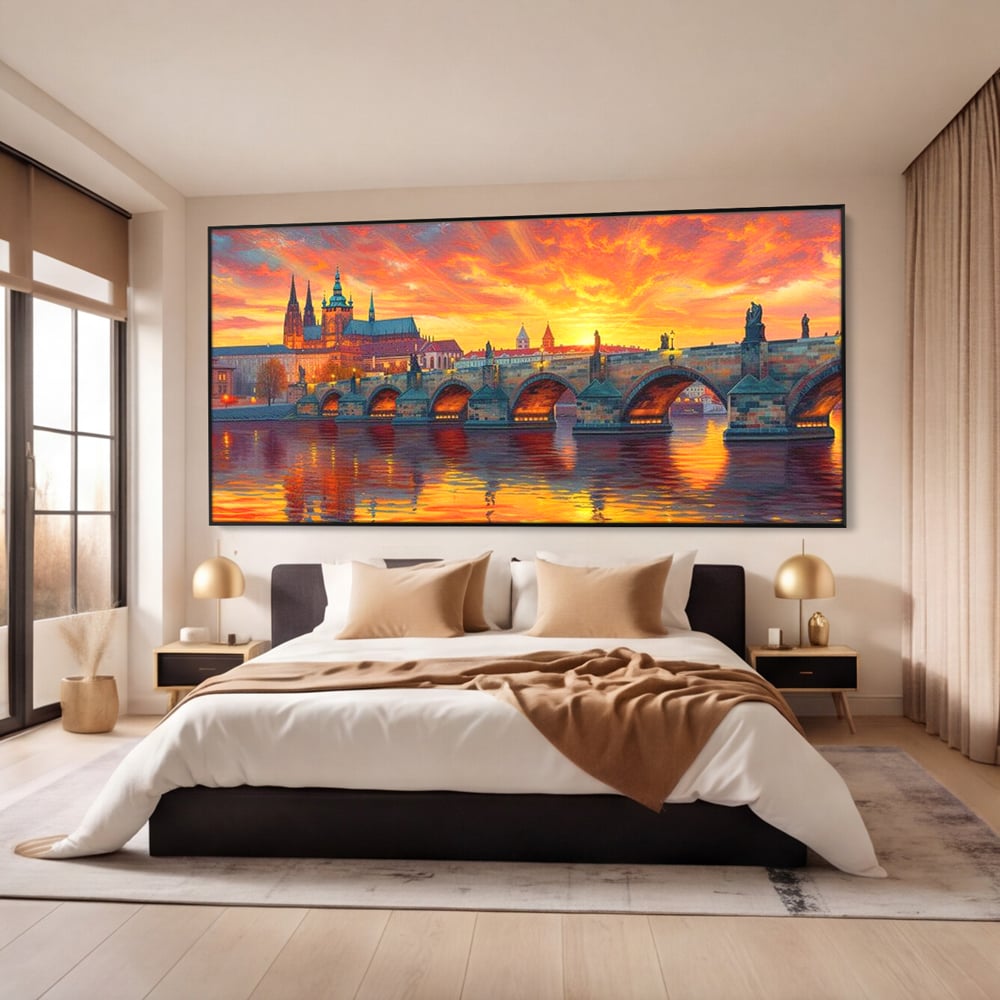 Tablou Canvas Premium, LuxCanva® O1001, Praga in Flacarile Cerului, Pod, Apus, Carol, Reflexii, Aur, Magie, Oras, Rau, Catedrala, Romantism, Medieval, City, Splendoare, Birou, Living, Dormitor