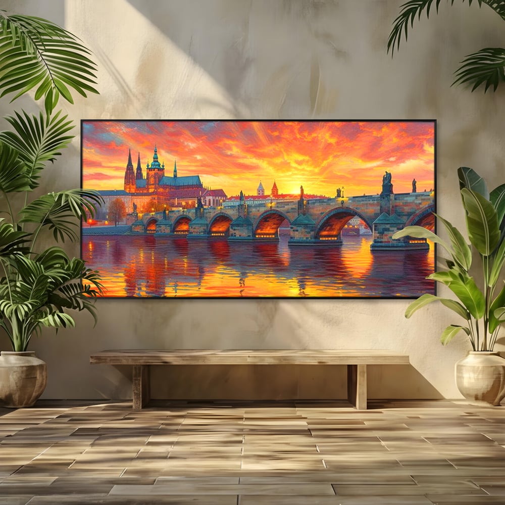 Tablou Canvas Premium, LuxCanva® O1001, Praga in Flacarile Cerului, Pod, Apus, Carol, Reflexii, Aur, Magie, Oras, Rau, Catedrala, Romantism, Medieval, City, Splendoare, Birou, Living, Dormitor