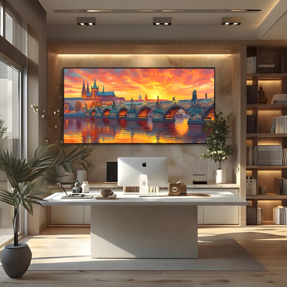 Tablou Canvas Premium, LuxCanva® O1001, Praga in Flacarile Cerului, Pod, Apus, Carol, Reflexii, Aur, Magie, Oras, Rau, Catedrala, Romantism, Medieval, City, Splendoare, Birou, Living, Dormitor