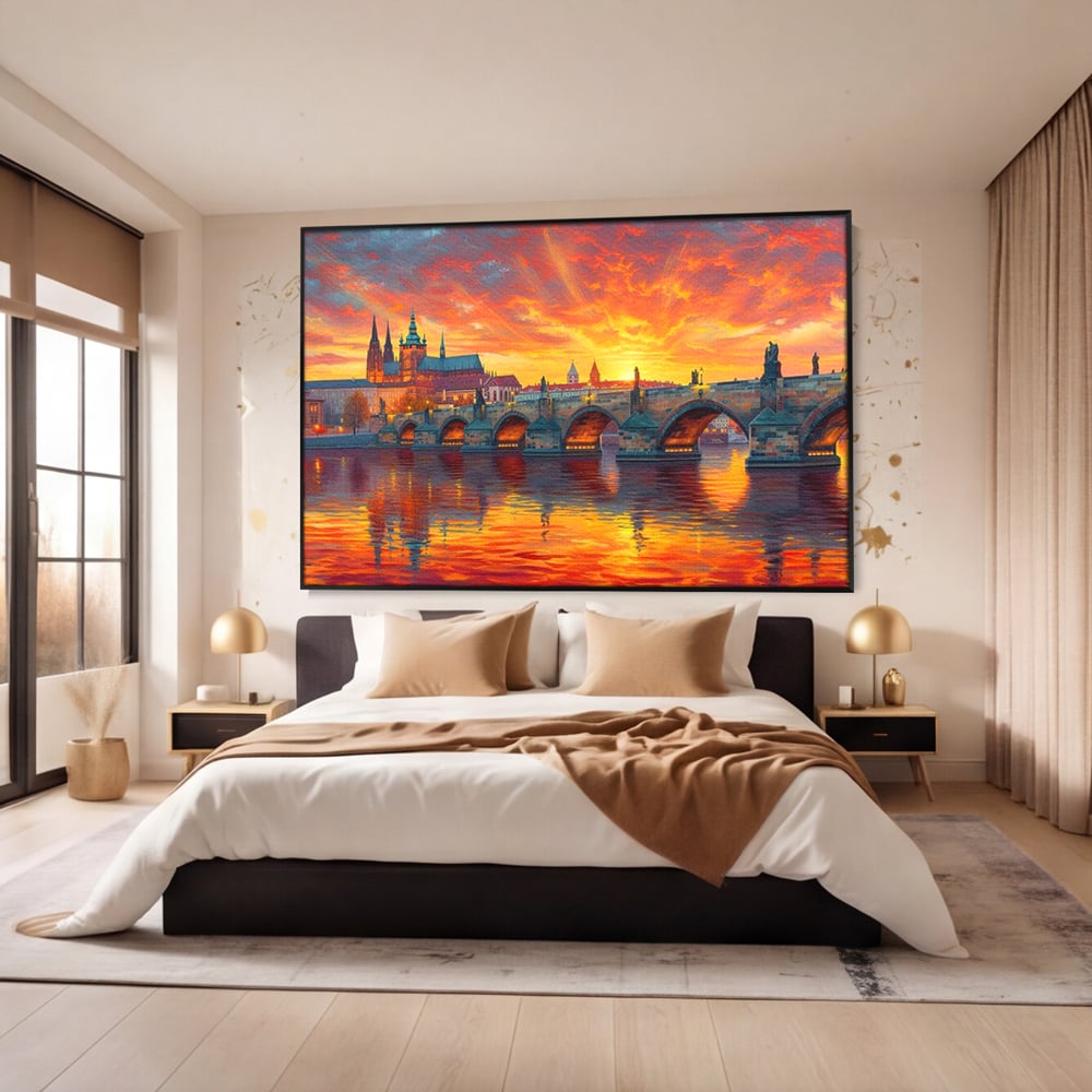 Tablou Canvas Premium, LuxCanva® O1001, Praga in Flacarile Cerului, Pod, Apus, Carol, Reflexii, Aur, Magie, Oras, Rau, Catedrala, Romantism, Medieval, City, Splendoare, Birou, Living, Dormitor