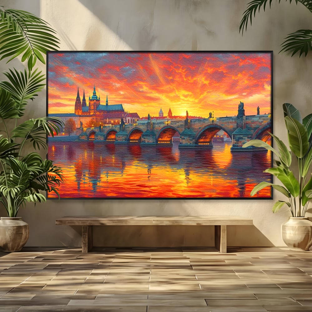 Tablou Canvas Premium, LuxCanva® O1001, Praga in Flacarile Cerului, Pod, Apus, Carol, Reflexii, Aur, Magie, Oras, Rau, Catedrala, Romantism, Medieval, City, Splendoare, Birou, Living, Dormitor