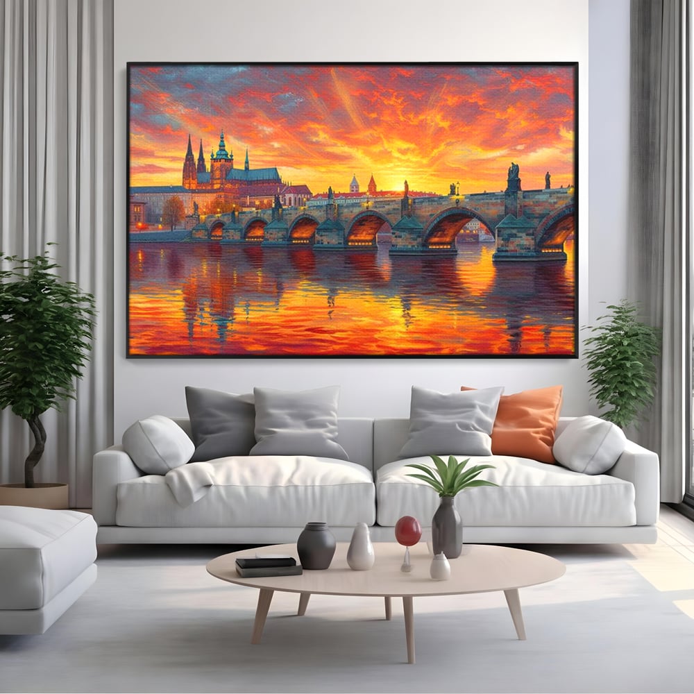 Tablou Canvas Premium, LuxCanva® O1001, Praga in Flacarile Cerului, Pod, Apus, Carol, Reflexii, Aur, Magie, Oras, Rau, Catedrala, Romantism, Medieval, City, Splendoare, Birou, Living, Dormitor