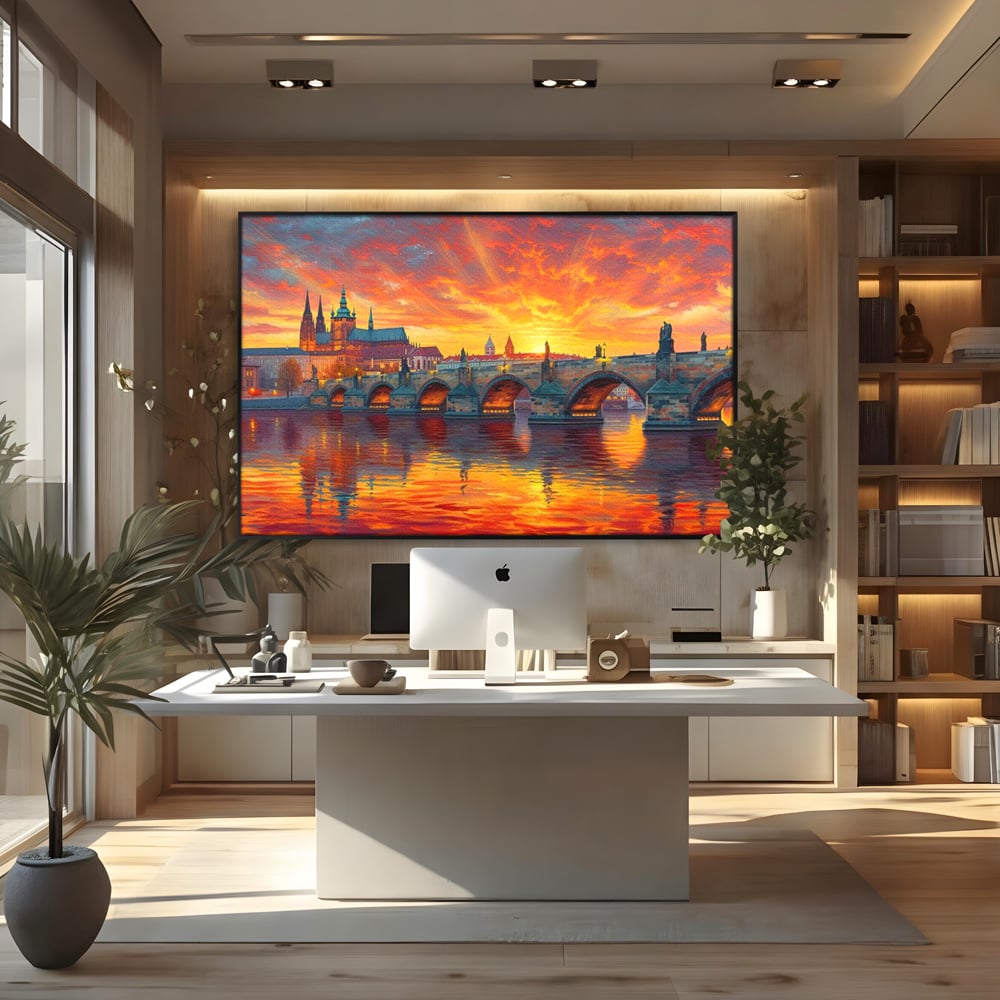 Tablou Canvas Premium, LuxCanva® O1001, Praga in Flacarile Cerului, Pod, Apus, Carol, Reflexii, Aur, Magie, Oras, Rau, Catedrala, Romantism, Medieval, City, Splendoare, Birou, Living, Dormitor