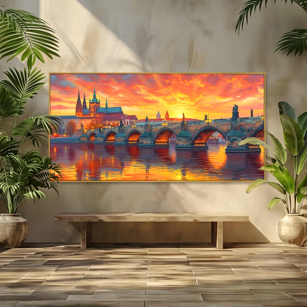 Tablou Canvas Premium, LuxCanva® O1001, Praga in Flacarile Cerului, Pod, Apus, Carol, Reflexii, Aur, Magie, Oras, Rau, Catedrala, Romantism, Medieval, City, Splendoare, Birou, Living, Dormitor