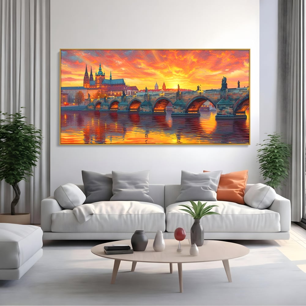 Tablou Canvas Premium, LuxCanva® O1001, Praga in Flacarile Cerului, Pod, Apus, Carol, Reflexii, Aur, Magie, Oras, Rau, Catedrala, Romantism, Medieval, City, Splendoare, Birou, Living, Dormitor