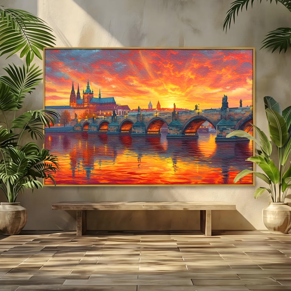 Tablou Canvas Premium, LuxCanva® O1001, Praga in Flacarile Cerului, Pod, Apus, Carol, Reflexii, Aur, Magie, Oras, Rau, Catedrala, Romantism, Medieval, City, Splendoare, Birou, Living, Dormitor