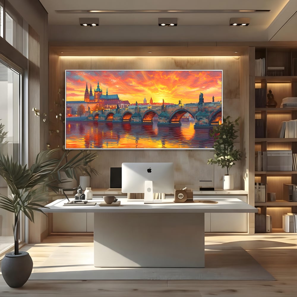 Tablou Canvas Premium, LuxCanva® O1001, Praga in Flacarile Cerului, Pod, Apus, Carol, Reflexii, Aur, Magie, Oras, Rau, Catedrala, Romantism, Medieval, City, Splendoare, Birou, Living, Dormitor