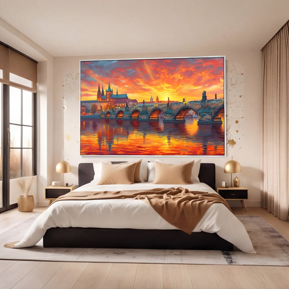 Tablou Canvas Premium, LuxCanva® O1001, Praga in Flacarile Cerului, Pod, Apus, Carol, Reflexii, Aur, Magie, Oras, Rau, Catedrala, Romantism, Medieval, City, Splendoare, Birou, Living, Dormitor