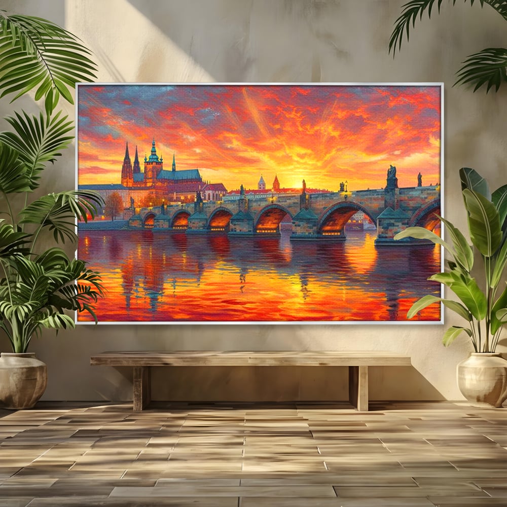 Tablou Canvas Premium, LuxCanva® O1001, Praga in Flacarile Cerului, Pod, Apus, Carol, Reflexii, Aur, Magie, Oras, Rau, Catedrala, Romantism, Medieval, City, Splendoare, Birou, Living, Dormitor