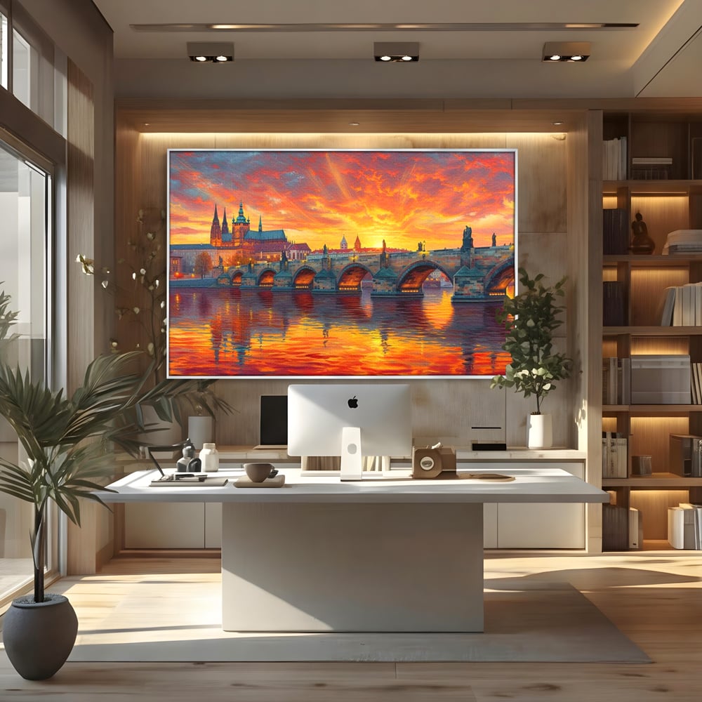 Tablou Canvas Premium, LuxCanva® O1001, Praga in Flacarile Cerului, Pod, Apus, Carol, Reflexii, Aur, Magie, Oras, Rau, Catedrala, Romantism, Medieval, City, Splendoare, Birou, Living, Dormitor