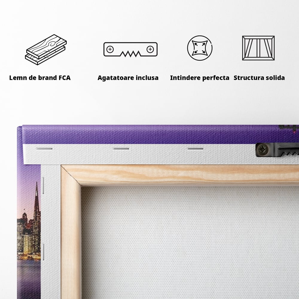 Tablou Canvas Premium, LuxCanva® O1002, San Francisco Skyline, Pod, Noapte, Oras, Lumini, Coasta, Vest, California, Vis, Urban, Apus, Violet, Iconic, Vacanta, Calatorie, Birou, Living, Dormitor