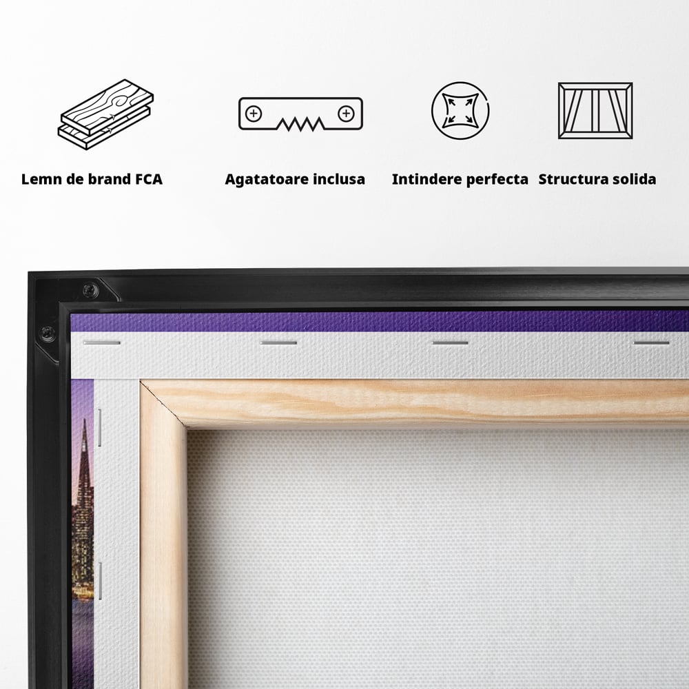 Tablou Canvas Premium, LuxCanva® O1002, San Francisco Skyline, Pod, Noapte, Oras, Lumini, Coasta, Vest, California, Vis, Urban, Apus, Violet, Iconic, Vacanta, Calatorie, Birou, Living, Dormitor