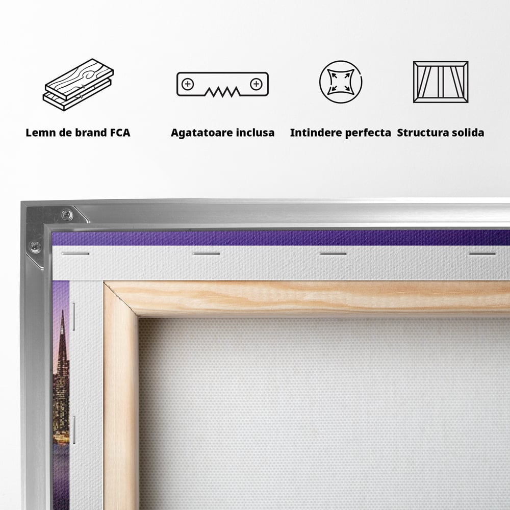 Tablou Canvas Premium, LuxCanva® O1002, San Francisco Skyline, Pod, Noapte, Oras, Lumini, Coasta, Vest, California, Vis, Urban, Apus, Violet, Iconic, Vacanta, Calatorie, Birou, Living, Dormitor