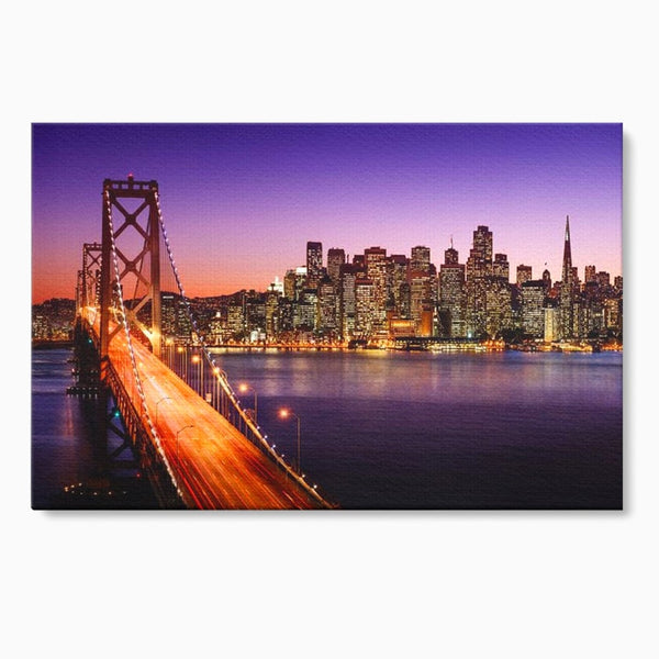 Tablou Canvas Premium, LuxCanva® O1002, San Francisco Skyline, Pod, Noapte, Oras, Lumini, Coasta, Vest, California, Vis, Urban, Apus, Violet, Iconic, Vacanta, Calatorie, Birou, Living, Dormitor