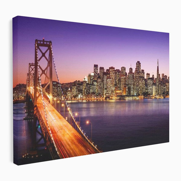 Tablou Canvas Premium, LuxCanva® O1002, San Francisco Skyline, Pod, Noapte, Oras, Lumini, Coasta, Vest, California, Vis, Urban, Apus, Violet, Iconic, Vacanta, Calatorie, Birou, Living, Dormitor