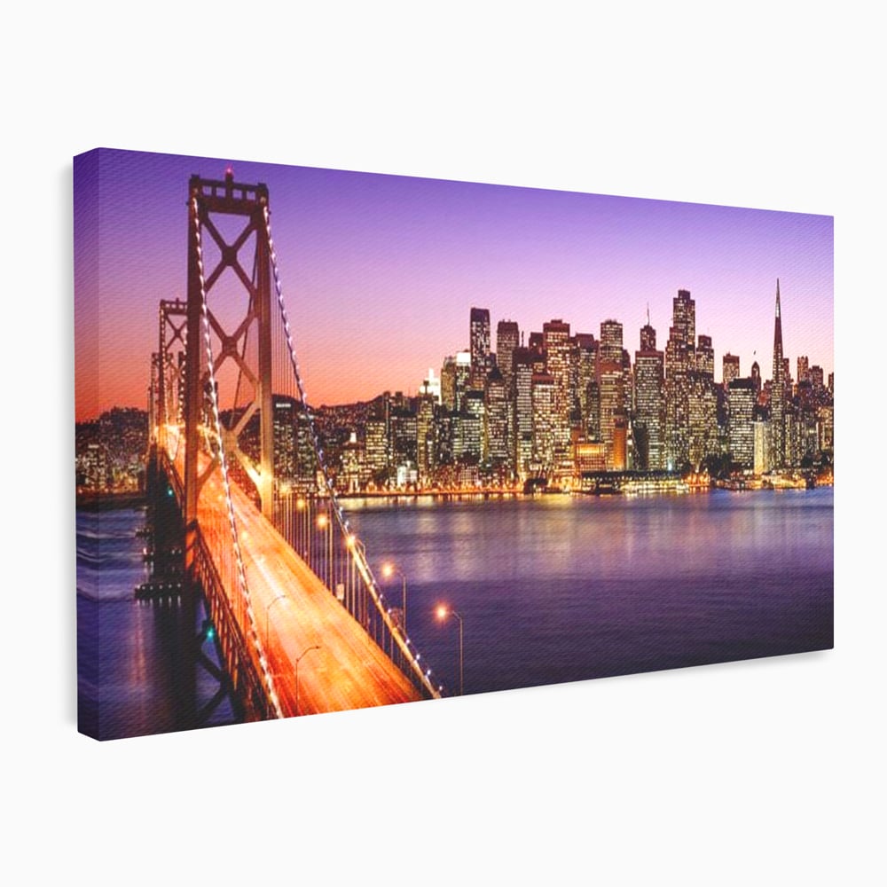 Tablou Canvas Premium, LuxCanva® O1002, San Francisco Skyline, Pod, Noapte, Oras, Lumini, Coasta, Vest, California, Vis, Urban, Apus, Violet, Iconic, Vacanta, Calatorie, Birou, Living, Dormitor