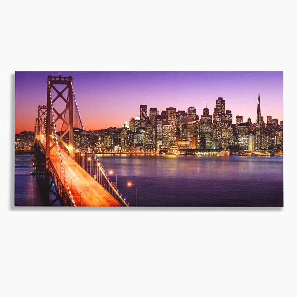 Tablou Canvas Premium, LuxCanva® O1002, San Francisco Skyline, Pod, Noapte, Oras, Lumini, Coasta, Vest, California, Vis, Urban, Apus, Violet, Iconic, Vacanta, Calatorie, Birou, Living, Dormitor