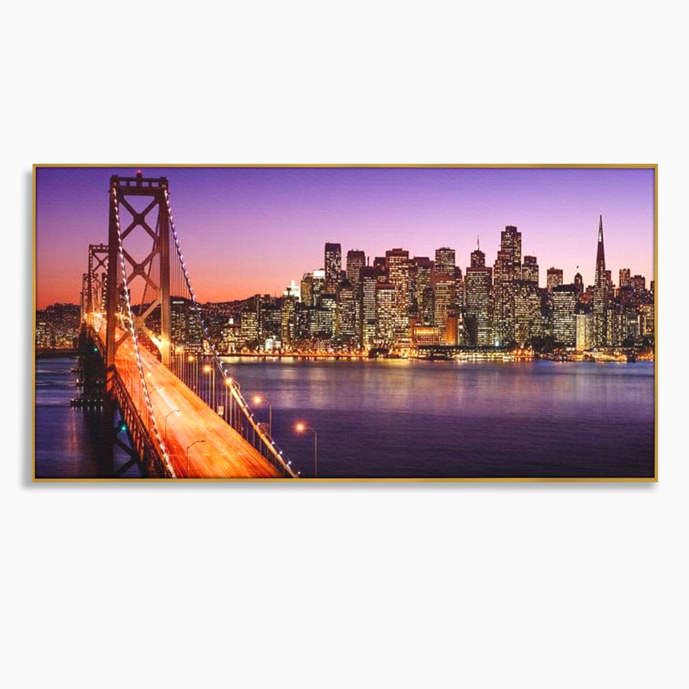 Tablou Canvas Premium, LuxCanva® O1002, San Francisco Skyline, Pod, Noapte, Oras, Lumini, Coasta, Vest, California, Vis, Urban, Apus, Violet, Iconic, Vacanta, Calatorie, Birou, Living, Dormitor