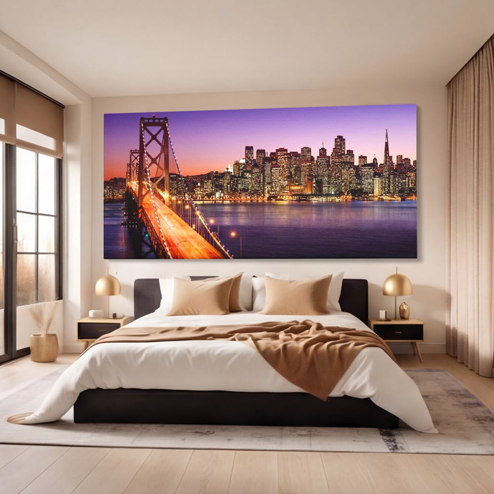 Tablou Canvas Premium, LuxCanva® O1002, San Francisco Skyline, Pod, Noapte, Oras, Lumini, Coasta, Vest, California, Vis, Urban, Apus, Violet, Iconic, Vacanta, Calatorie, Birou, Living, Dormitor