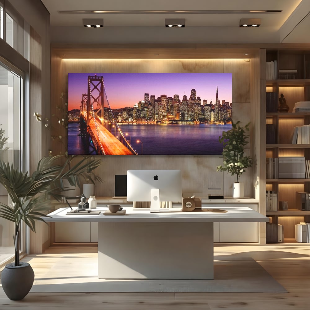 Tablou Canvas Premium, LuxCanva® O1002, San Francisco Skyline, Pod, Noapte, Oras, Lumini, Coasta, Vest, California, Vis, Urban, Apus, Violet, Iconic, Vacanta, Calatorie, Birou, Living, Dormitor