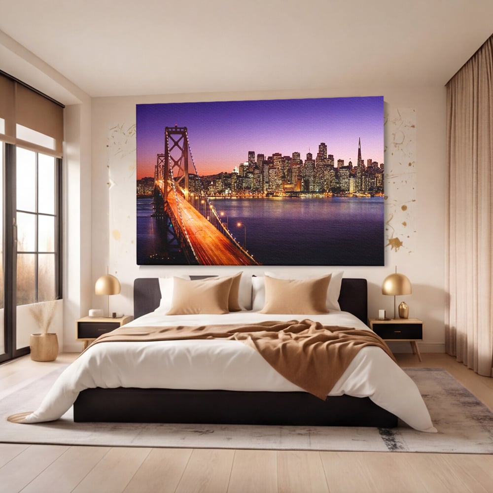 Tablou Canvas Premium, LuxCanva® O1002, San Francisco Skyline, Pod, Noapte, Oras, Lumini, Coasta, Vest, California, Vis, Urban, Apus, Violet, Iconic, Vacanta, Calatorie, Birou, Living, Dormitor