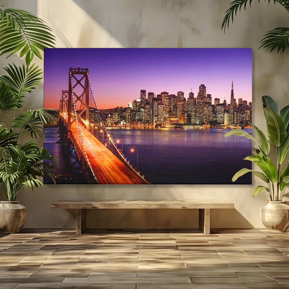 Tablou Canvas Premium, LuxCanva® O1002, San Francisco Skyline, Pod, Noapte, Oras, Lumini, Coasta, Vest, California, Vis, Urban, Apus, Violet, Iconic, Vacanta, Calatorie, Birou, Living, Dormitor
