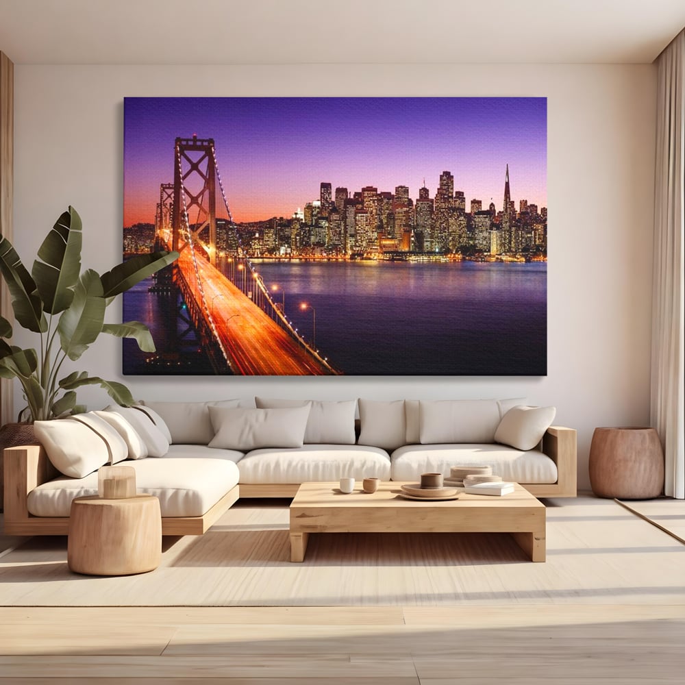 Tablou Canvas Premium, LuxCanva® O1002, San Francisco Skyline, Pod, Noapte, Oras, Lumini, Coasta, Vest, California, Vis, Urban, Apus, Violet, Iconic, Vacanta, Calatorie, Birou, Living, Dormitor