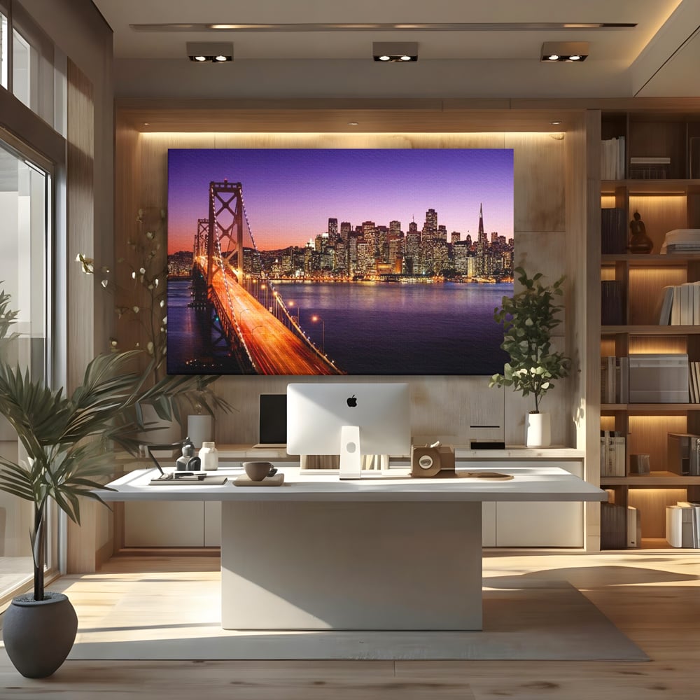 Tablou Canvas Premium, LuxCanva® O1002, San Francisco Skyline, Pod, Noapte, Oras, Lumini, Coasta, Vest, California, Vis, Urban, Apus, Violet, Iconic, Vacanta, Calatorie, Birou, Living, Dormitor