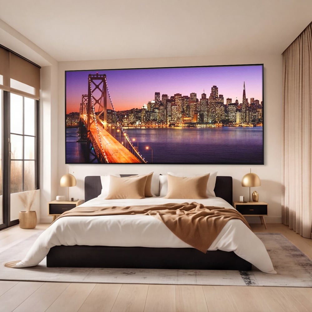 Tablou Canvas Premium, LuxCanva® O1002, San Francisco Skyline, Pod, Noapte, Oras, Lumini, Coasta, Vest, California, Vis, Urban, Apus, Violet, Iconic, Vacanta, Calatorie, Birou, Living, Dormitor