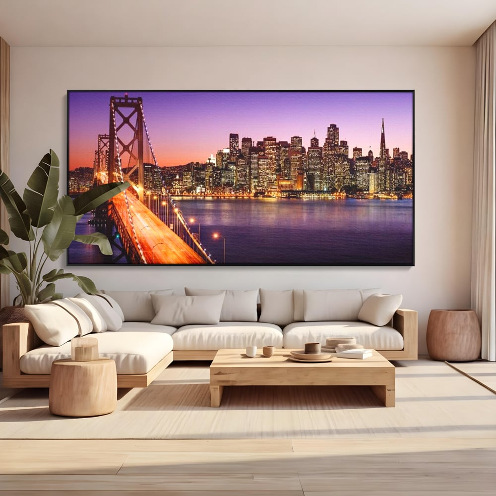 Tablou Canvas Premium, LuxCanva® O1002, San Francisco Skyline, Pod, Noapte, Oras, Lumini, Coasta, Vest, California, Vis, Urban, Apus, Violet, Iconic, Vacanta, Calatorie, Birou, Living, Dormitor