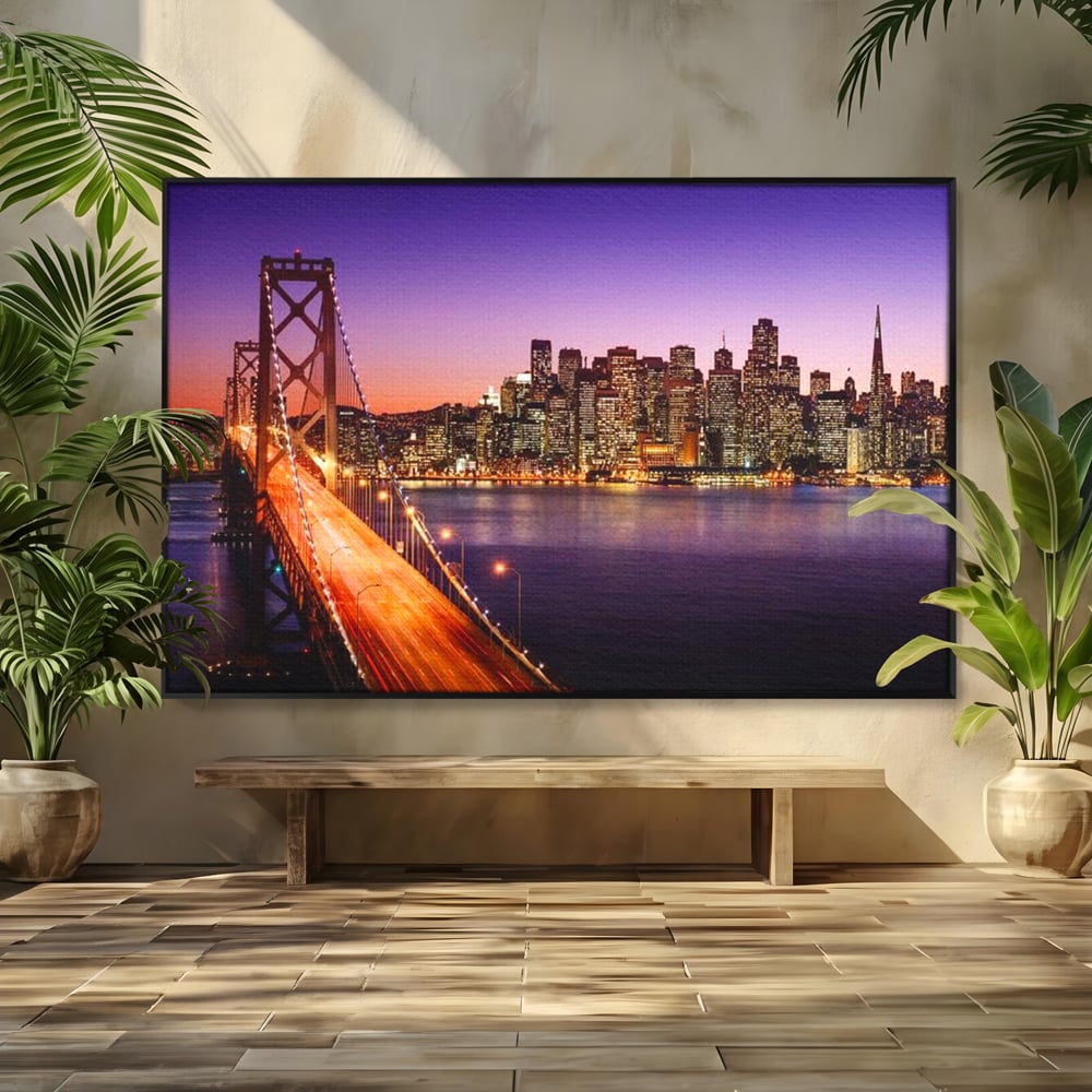Tablou Canvas Premium, LuxCanva® O1002, San Francisco Skyline, Pod, Noapte, Oras, Lumini, Coasta, Vest, California, Vis, Urban, Apus, Violet, Iconic, Vacanta, Calatorie, Birou, Living, Dormitor