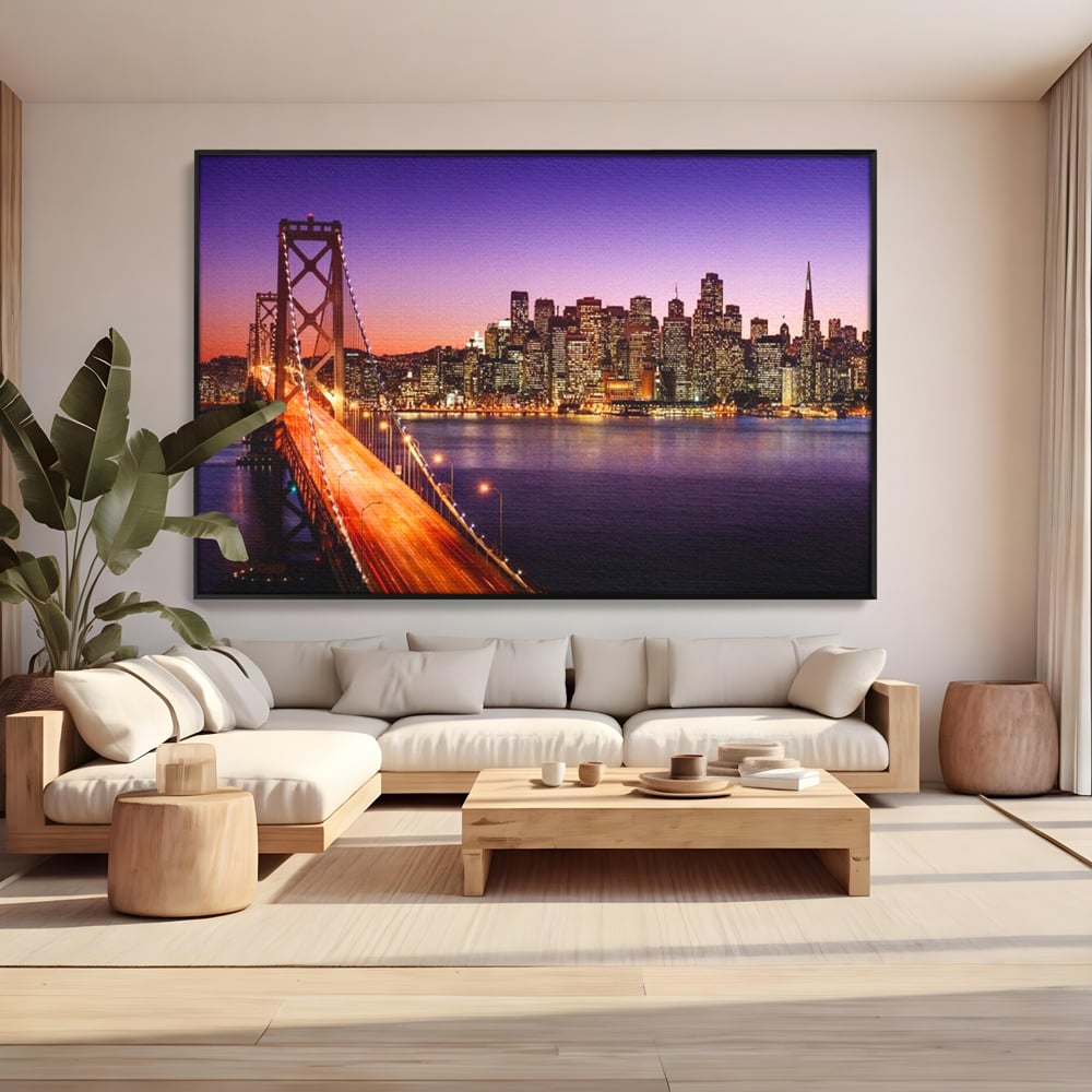 Tablou Canvas Premium, LuxCanva® O1002, San Francisco Skyline, Pod, Noapte, Oras, Lumini, Coasta, Vest, California, Vis, Urban, Apus, Violet, Iconic, Vacanta, Calatorie, Birou, Living, Dormitor
