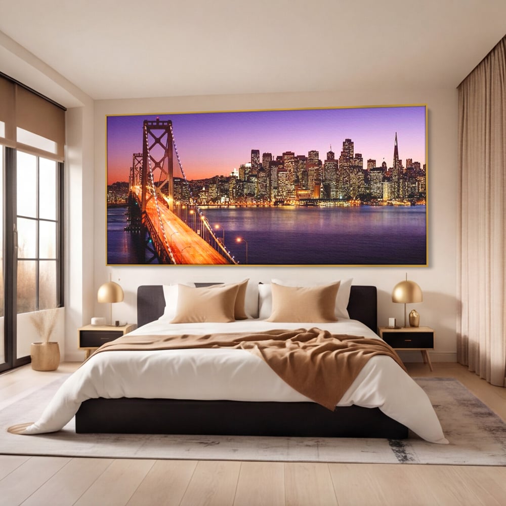Tablou Canvas Premium, LuxCanva® O1002, San Francisco Skyline, Pod, Noapte, Oras, Lumini, Coasta, Vest, California, Vis, Urban, Apus, Violet, Iconic, Vacanta, Calatorie, Birou, Living, Dormitor