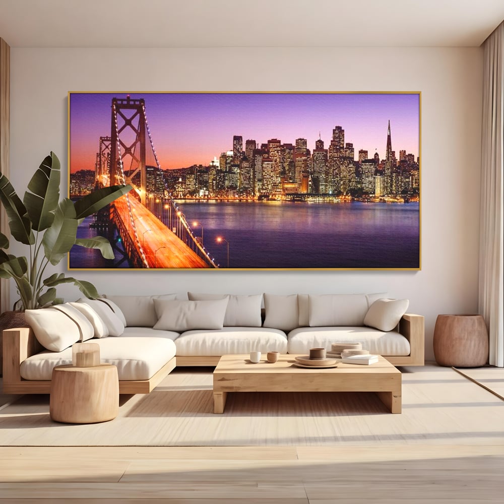 Tablou Canvas Premium, LuxCanva® O1002, San Francisco Skyline, Pod, Noapte, Oras, Lumini, Coasta, Vest, California, Vis, Urban, Apus, Violet, Iconic, Vacanta, Calatorie, Birou, Living, Dormitor