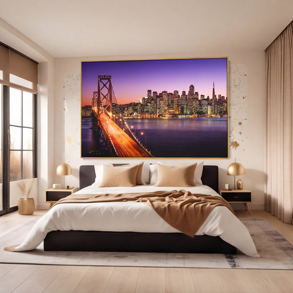 Tablou Canvas Premium, LuxCanva® O1002, San Francisco Skyline, Pod, Noapte, Oras, Lumini, Coasta, Vest, California, Vis, Urban, Apus, Violet, Iconic, Vacanta, Calatorie, Birou, Living, Dormitor