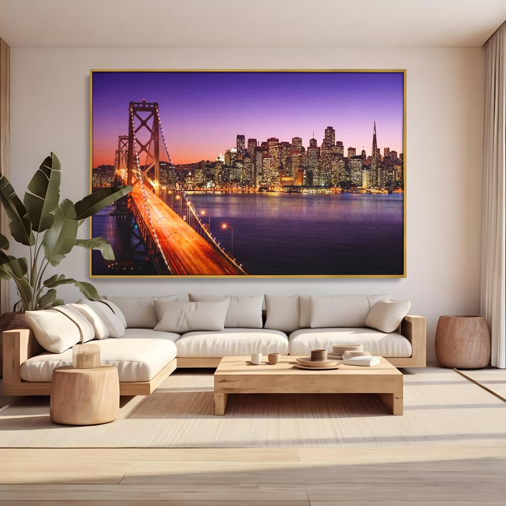 Tablou Canvas Premium, LuxCanva® O1002, San Francisco Skyline, Pod, Noapte, Oras, Lumini, Coasta, Vest, California, Vis, Urban, Apus, Violet, Iconic, Vacanta, Calatorie, Birou, Living, Dormitor