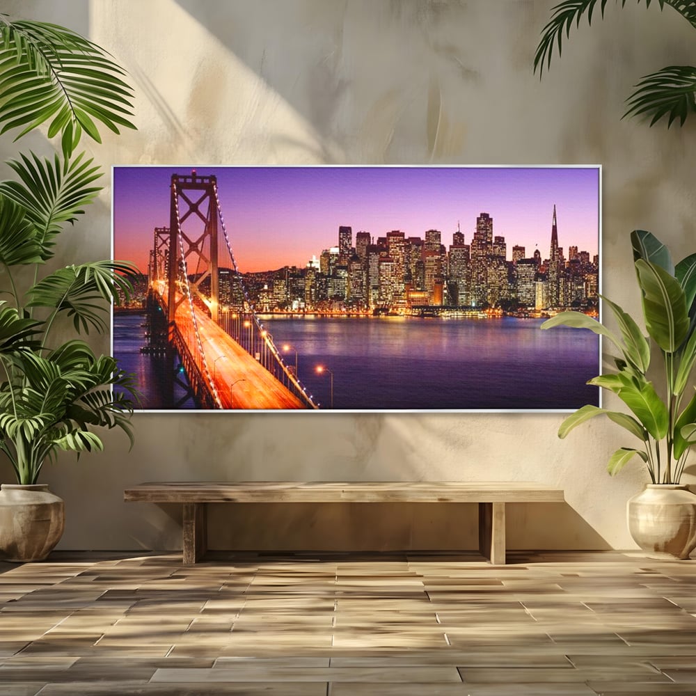Tablou Canvas Premium, LuxCanva® O1002, San Francisco Skyline, Pod, Noapte, Oras, Lumini, Coasta, Vest, California, Vis, Urban, Apus, Violet, Iconic, Vacanta, Calatorie, Birou, Living, Dormitor