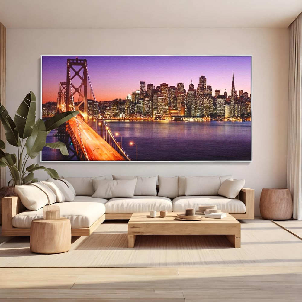 Tablou Canvas Premium, LuxCanva® O1002, San Francisco Skyline, Pod, Noapte, Oras, Lumini, Coasta, Vest, California, Vis, Urban, Apus, Violet, Iconic, Vacanta, Calatorie, Birou, Living, Dormitor