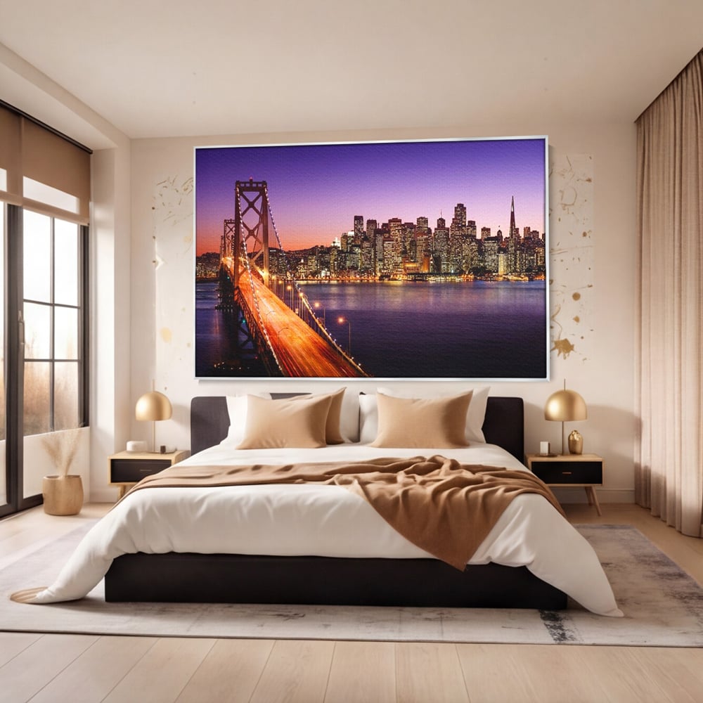 Tablou Canvas Premium, LuxCanva® O1002, San Francisco Skyline, Pod, Noapte, Oras, Lumini, Coasta, Vest, California, Vis, Urban, Apus, Violet, Iconic, Vacanta, Calatorie, Birou, Living, Dormitor