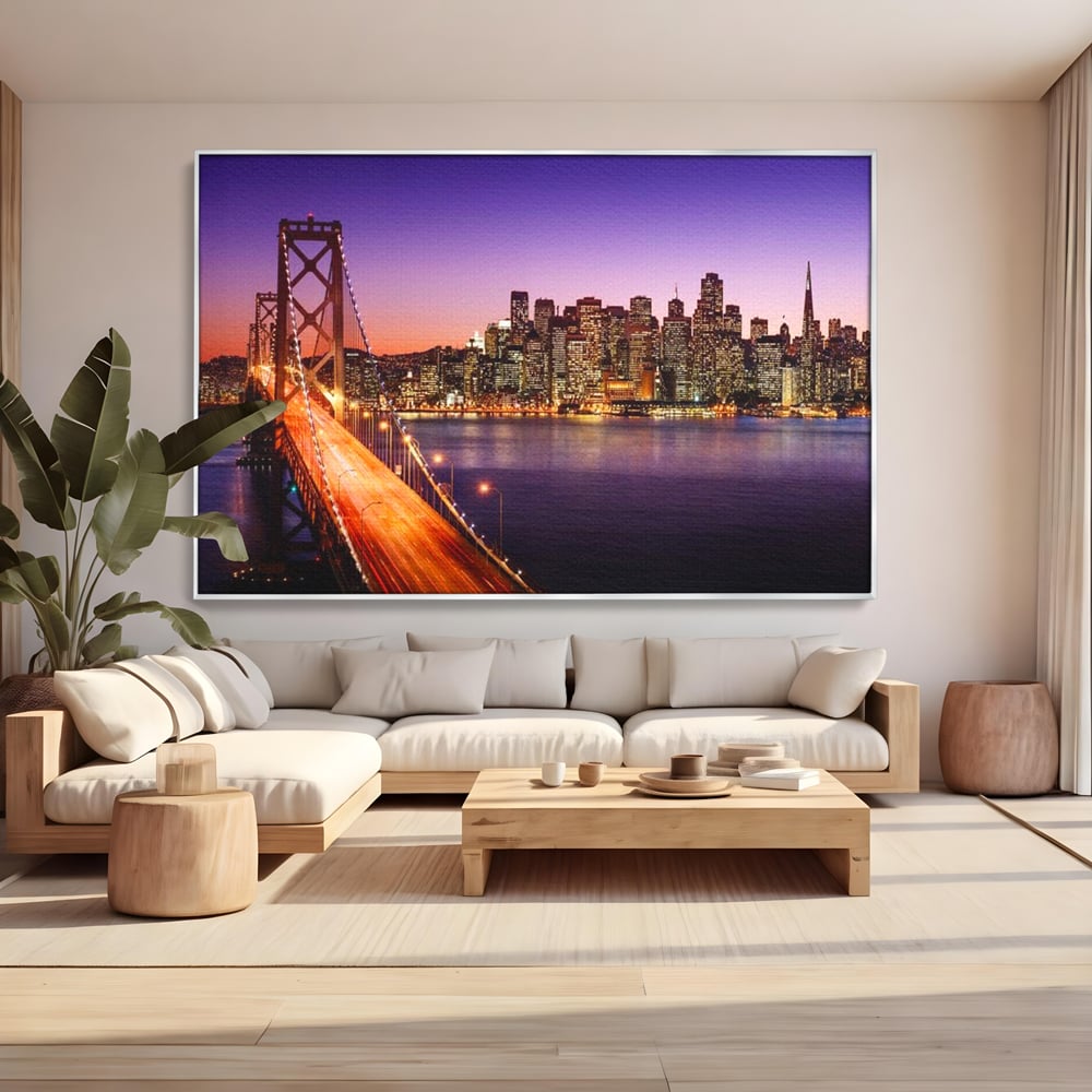 Tablou Canvas Premium, LuxCanva® O1002, San Francisco Skyline, Pod, Noapte, Oras, Lumini, Coasta, Vest, California, Vis, Urban, Apus, Violet, Iconic, Vacanta, Calatorie, Birou, Living, Dormitor