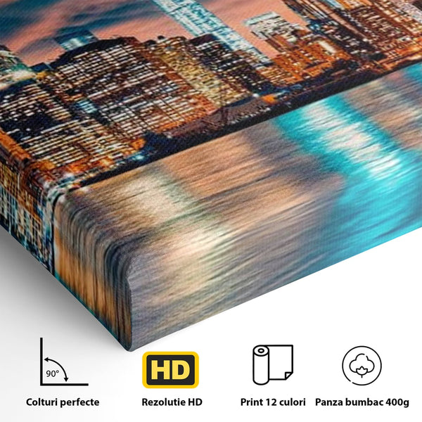 Tablou Canvas Premium, LuxCanva® O1004, Podul Brooklyn, New York, Noapte, Magie, Oras, Metropola, Energie, Vedere, Zbor, Zgarie-Nori, Elegant, Speranta, Lumini, Living, Dormitor, Birou